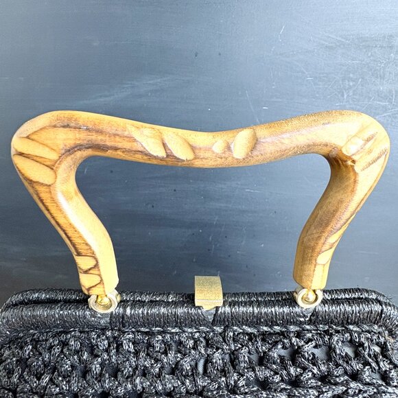 Black raffia woven handbag with wooden handle - made in Italy - vintage - Picture 6 of 11